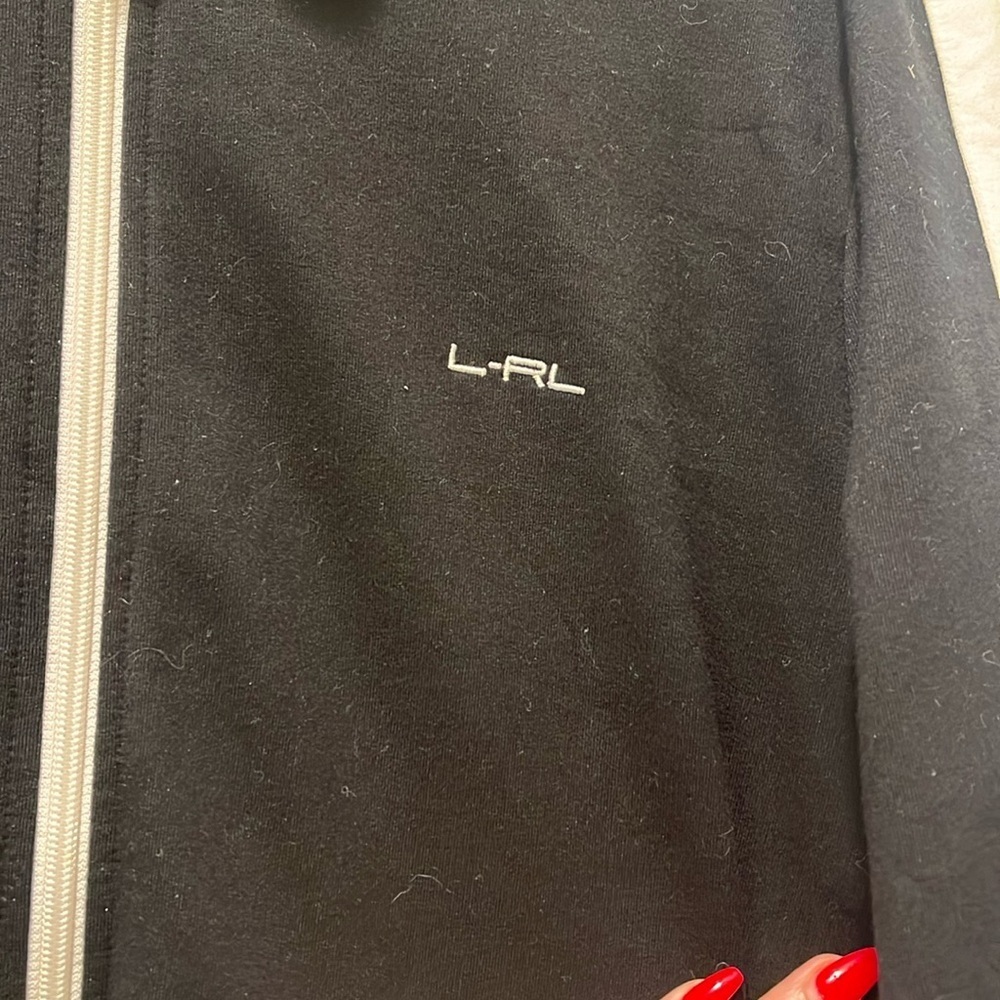 EUC Vintage Lauren Ralph Lauren Active black track jacket white stripes sleeves - Picture 3 of 9
